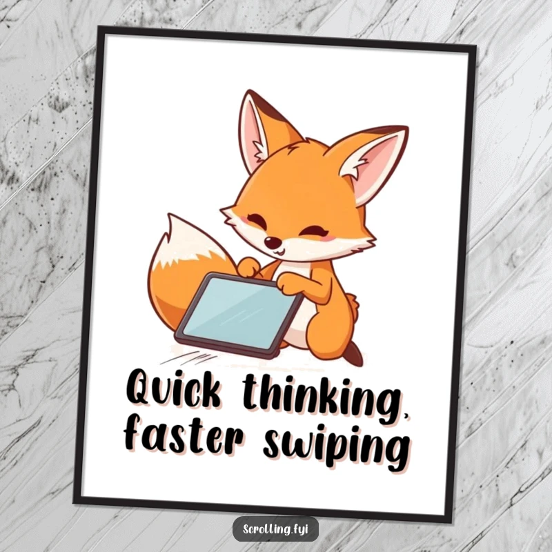 Funny Free Printable Wall Art: A playful fox demonstrating incredible speed while swiping across a digital tablet screen.