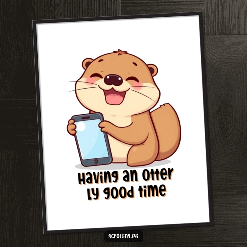 Funny Free Printable Wall Art: Two cheerful otters, one excitedly displaying a phone screen to its friend with a big, happy grin.
