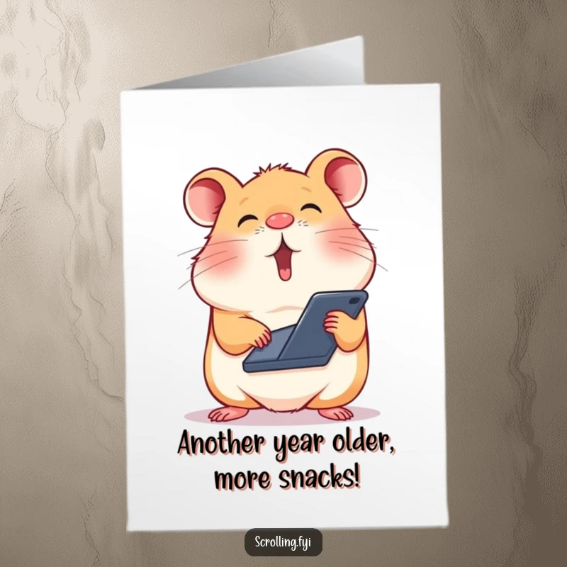 Funny Free Printable Birthday Card: A silly hamster balances a phone on its nose, scrolling rapidly.