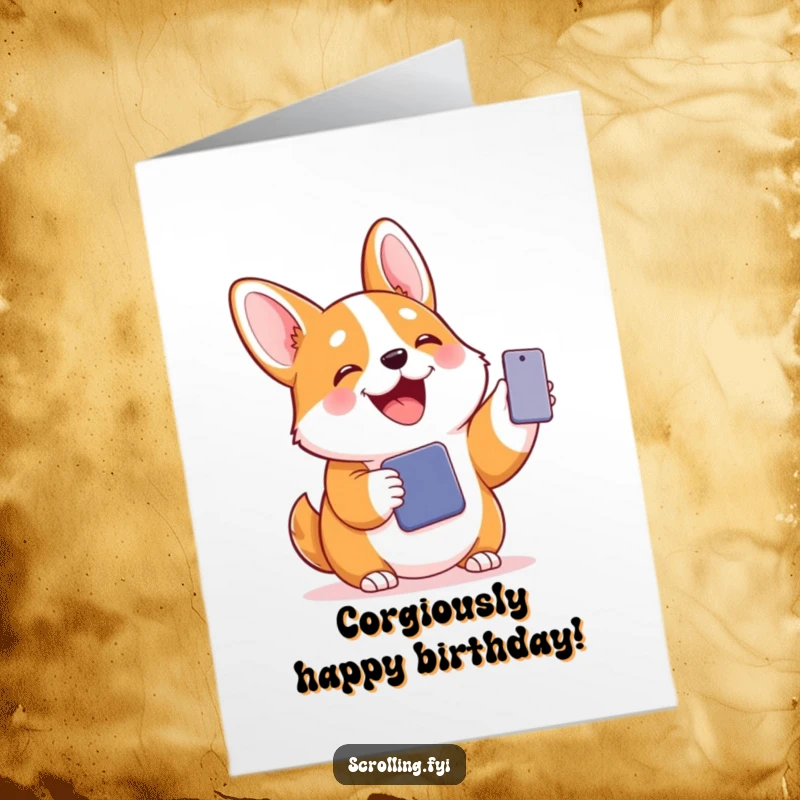 Funny Free Printable Corgi Birthday Card: Joyful corgi gleefully holding a phone, celebrating with delight.