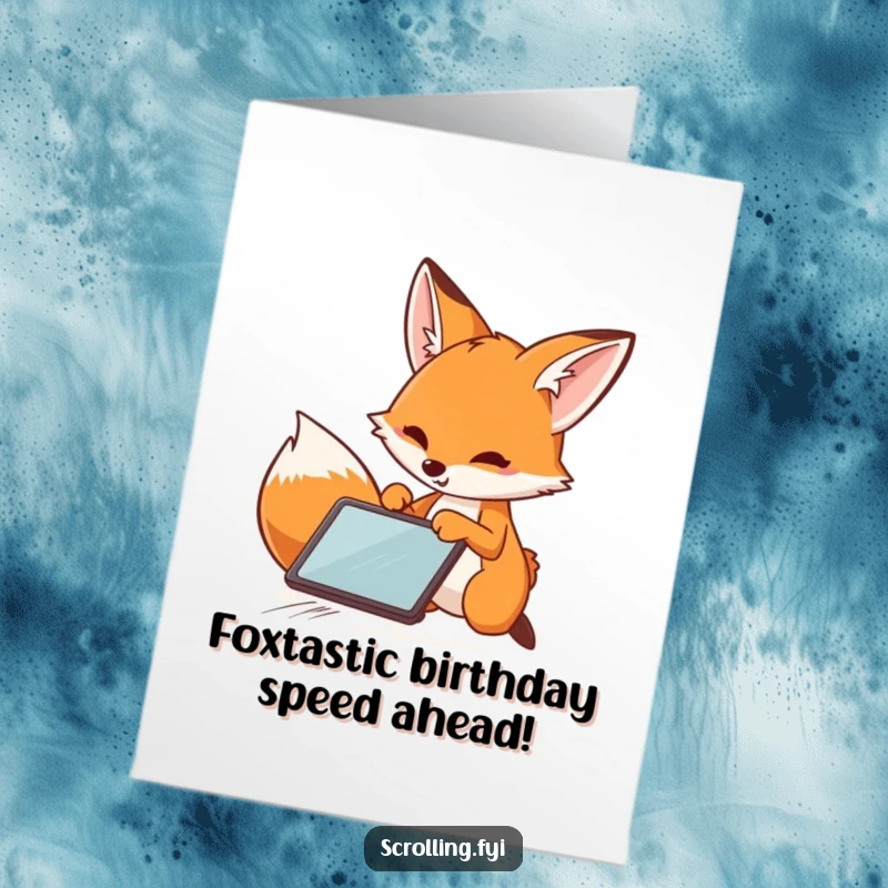 Funny Free Printable Birthday Card: A playful fox artistically swiping rapidly across a tablet screen with impressive speed.