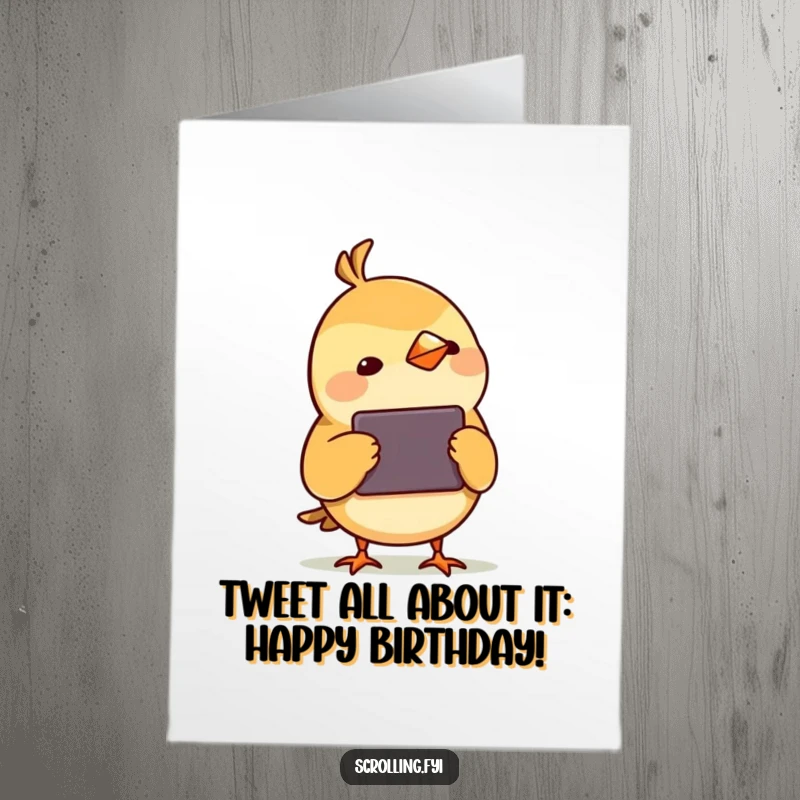 Funny Free Printable Birthday Card: Small bird tilts head, eyes fixed on a digital device with fascination.