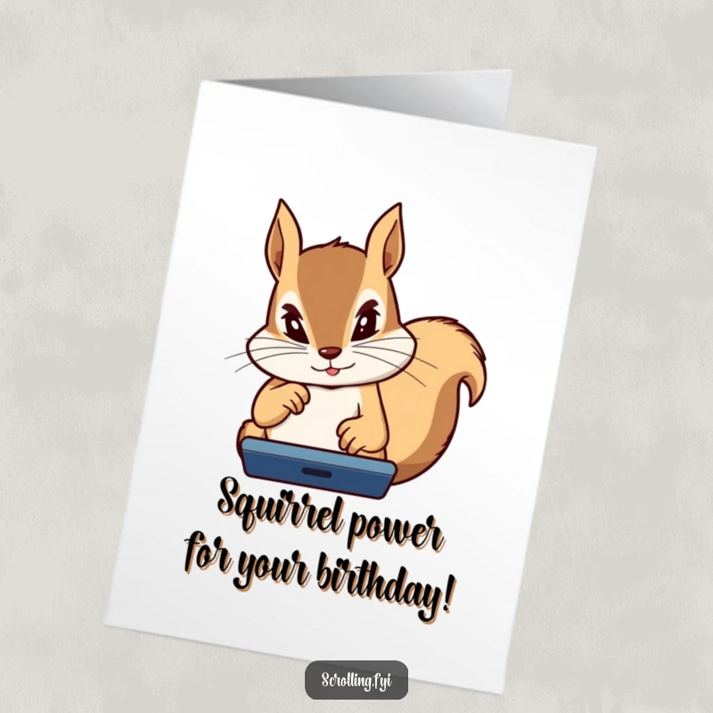 Funny Free Printable Birthday Card: A determined squirrel intensely focused on a device, thumbs flying with remarkable speed.