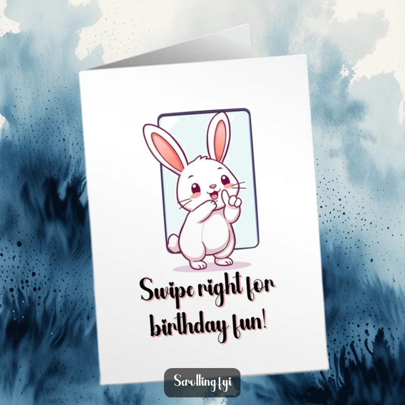 Funny Free Printable Birthday Card: A rabbit joyfully swiping a massive touchscreen with its finger, embracing digital birthday wishes with glee.