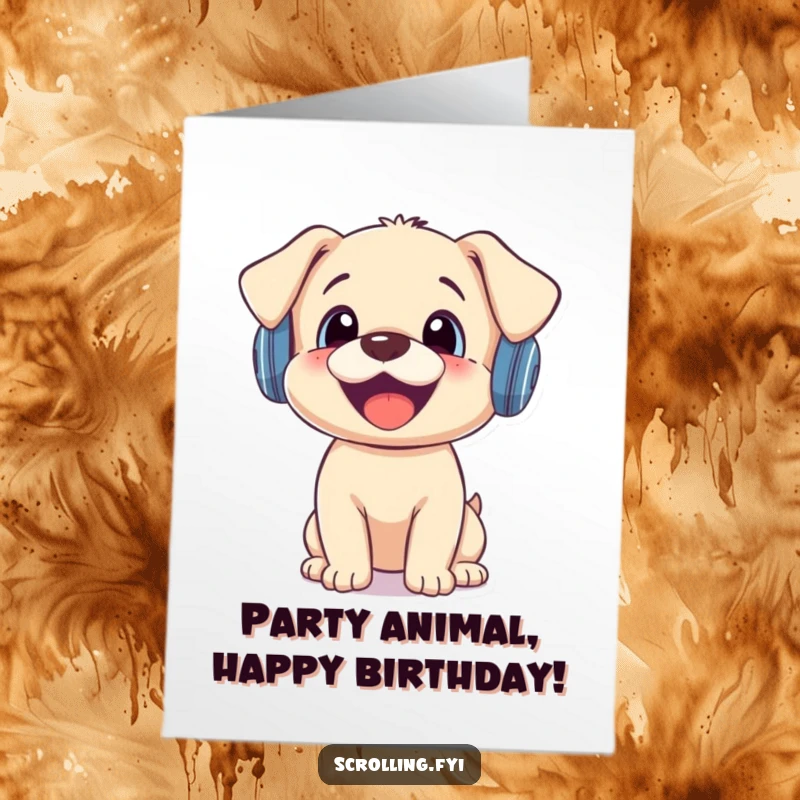 Funny Free Printable Birthday Card: A joyful puppy wearing headphones looks surprised by a notification.