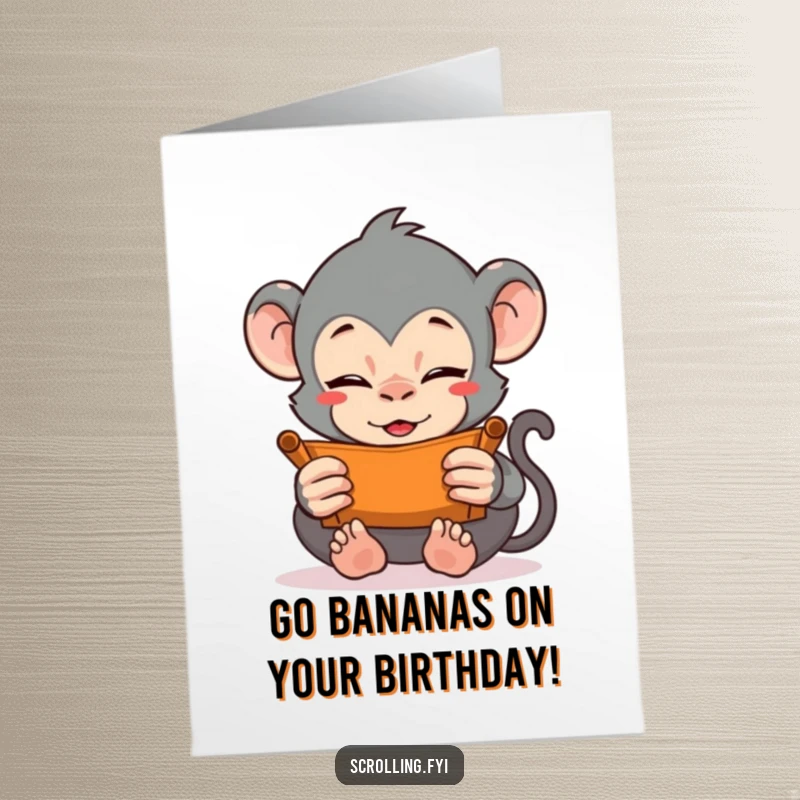 Funny Free Printable Birthday Card: A monkey intensely scrolling through content with both hands, full of energy.