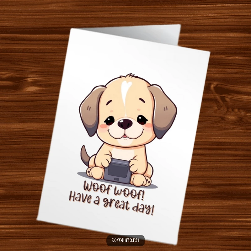 Free Printable Birthday Card: A contented puppy gazes intently at a small glowing screen, wishing a happy birthday digitally.