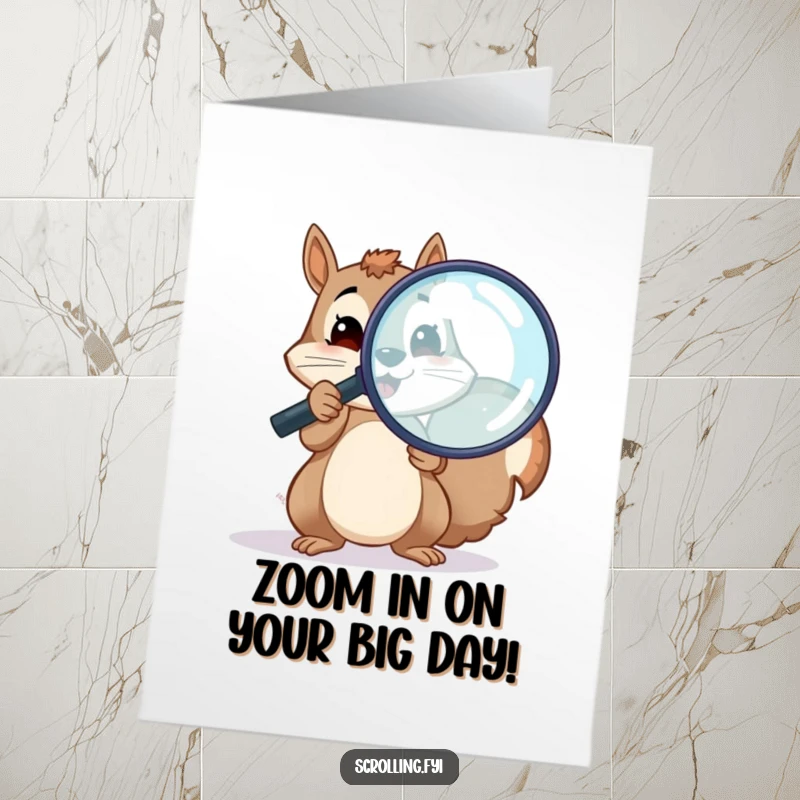 Funny Free Printable Birthday Card: A cheerful squirrel holding a large magnifying glass, intently examining a digital screen.