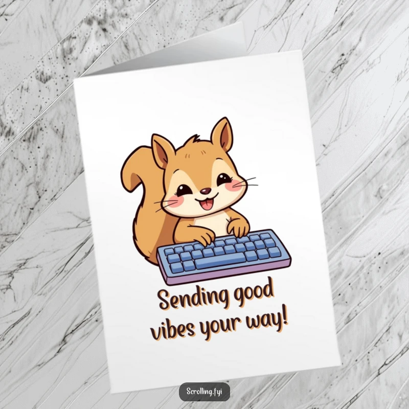 Funny Free Printable Birthday Card: A smiling squirrel actively typing a birthday message on a keyboard.