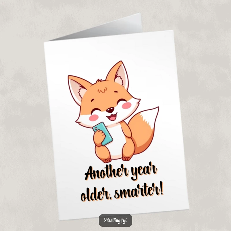 Funny Free Printable Birthday Card: Happy Fox Grinning While Holding a Smartphone, Ready to Text You, Downloadable Art Gift.