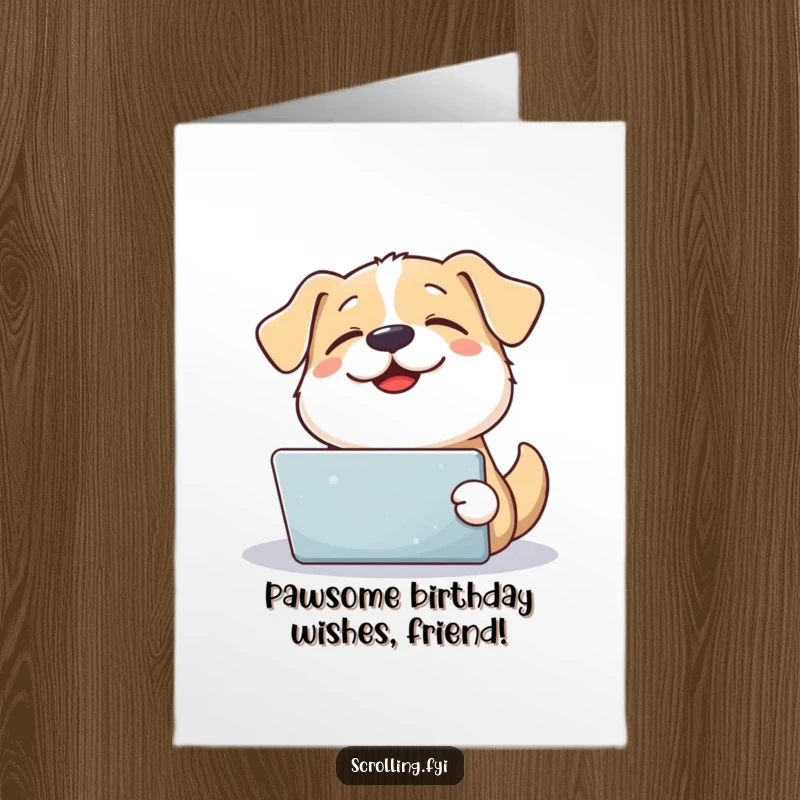 Funny Free Printable Birthday Card: Content dog smiles looking up from a tablet, a happy, downloadable birthday message.