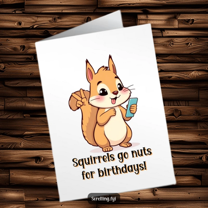 Funny Free Printable Birthday Card: A silly squirrel holds up a peace sign while cheekily glancing at a cell phone.