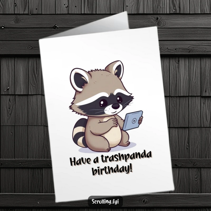 Funny Free Printable Raccoon Birthday Card: Curious raccoon engrossed in a small device, perfect for techy birthdays.