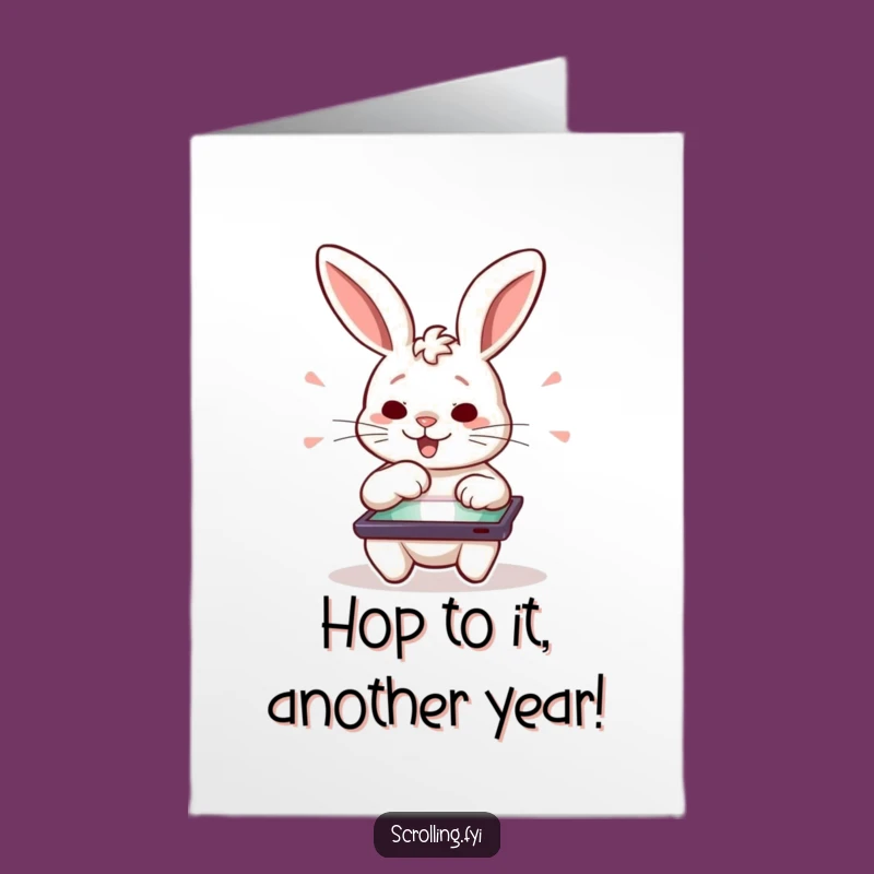Free Printable Birthday Card: Excited Rabbit Swiping Tablet - Fun Downloadable Gift