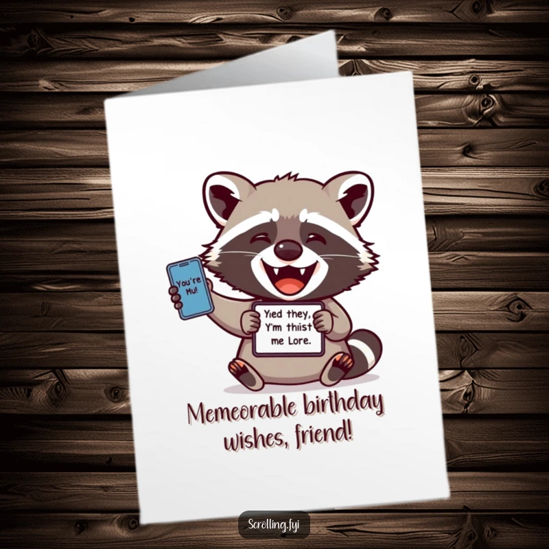 Funny Free Printable Birthday Card featuring a delighted raccoon engrossed in sharing a hilarious meme from its phone.