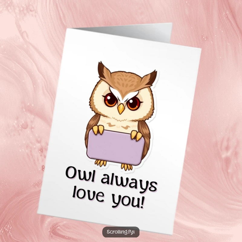 Funny Free Printable Birthday Card: A proud owl peers intently into a handheld device, looking utterly absorbed and slightly smug.