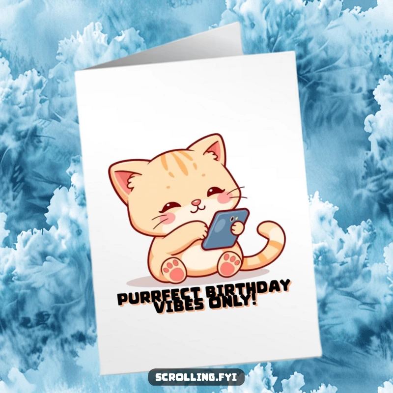 Funny Free Printable Birthday Card: A cute cat engrossed in its smartphone, swiping the screen with its paw.