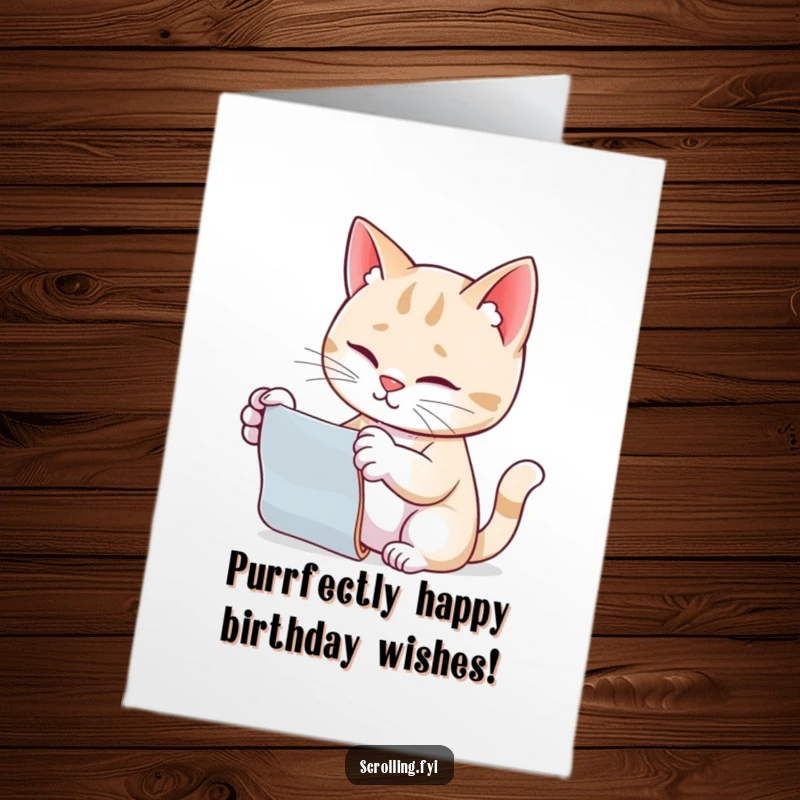 Funny free printable birthday card: Cat intently scrolling on a device with its paw outstretched, a modern feline celebration.