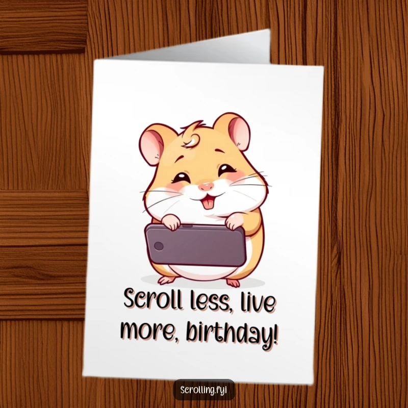 Funny Free Printable Birthday Card: Giggling hamster stares intensely at a mobile phone, laughing hysterically at content.