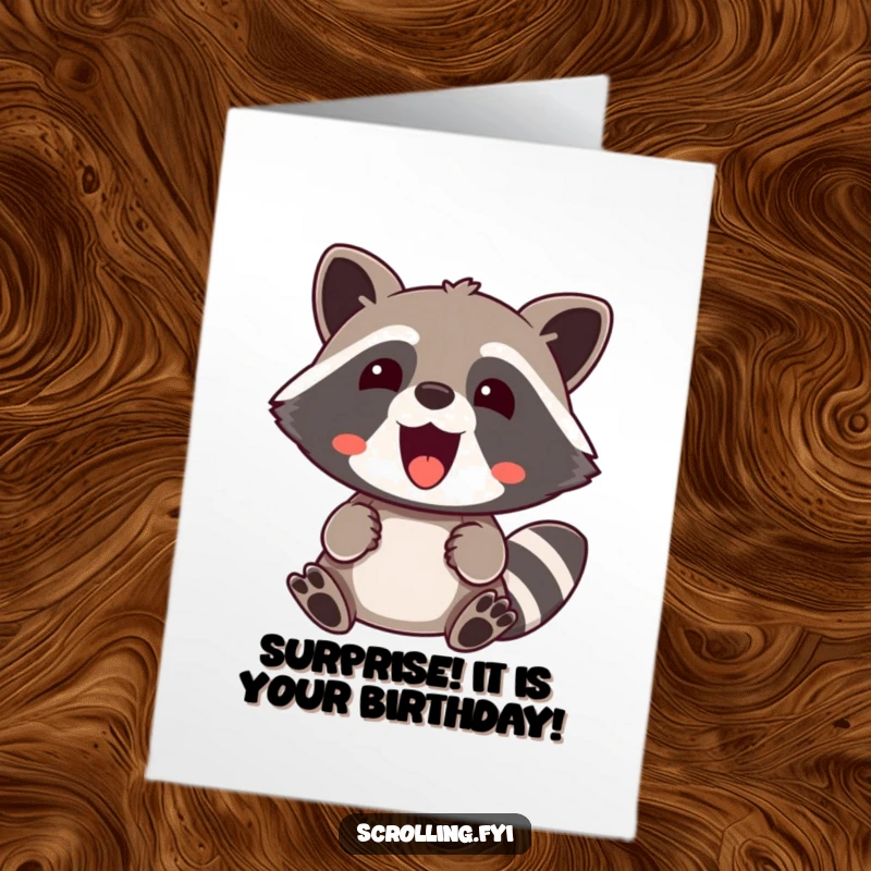 Funny Free Printable Raccoon Card: A jovial raccoon gasps in delighted surprise, perfect for a humorous birthday greeting.