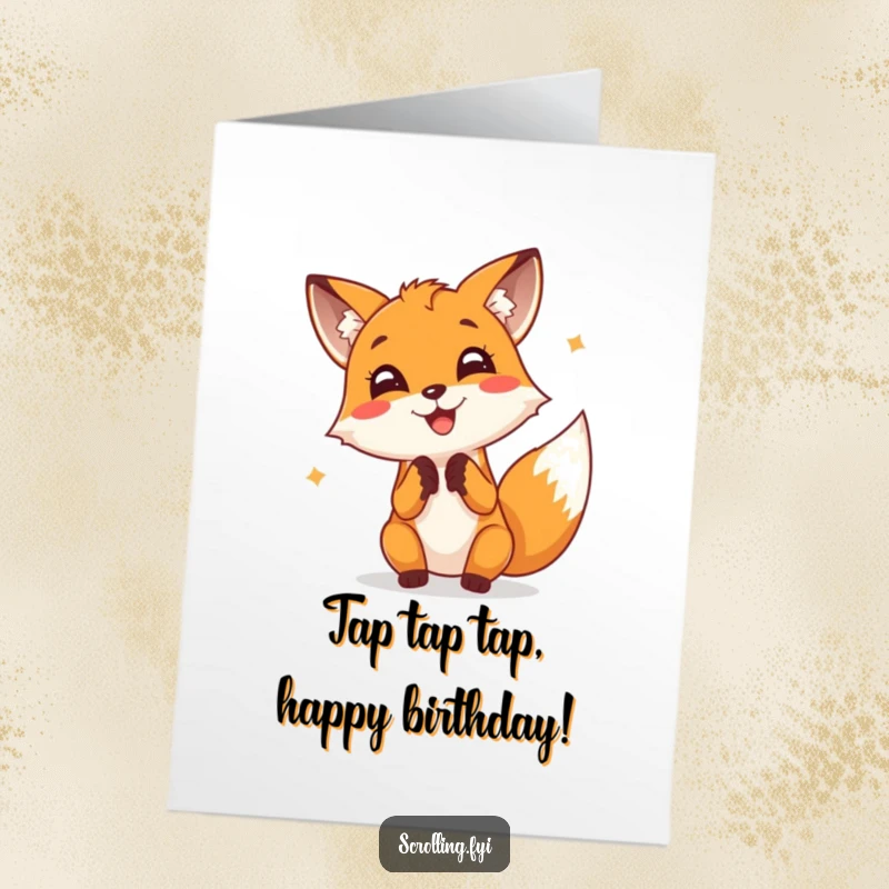 Funny Free Printable Birthday Card: Cheerful fox tapping furiously on a screen with intense joy, celebrating with digital energy. Downloadable.