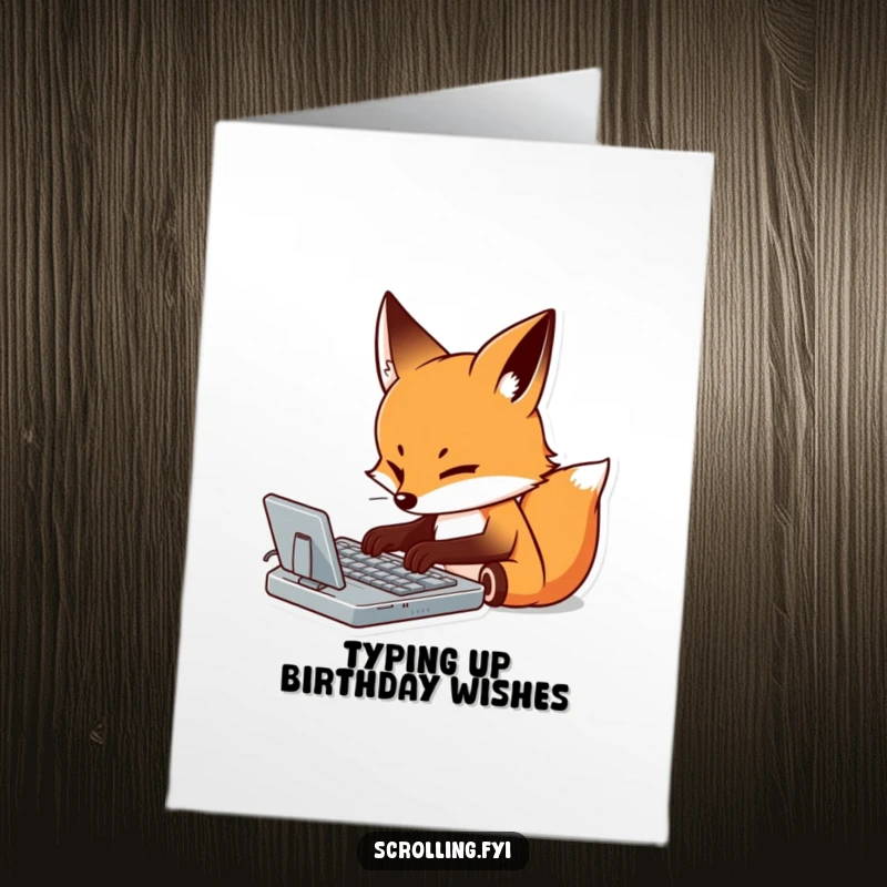 Funny Free Printable Birthday Card: A determined fox intently types on a virtual keyboard, sending birthday cheer.