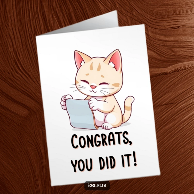 Funny free printable congratulations card: Cat using its paw to scroll on a device, celebrating a digital win.