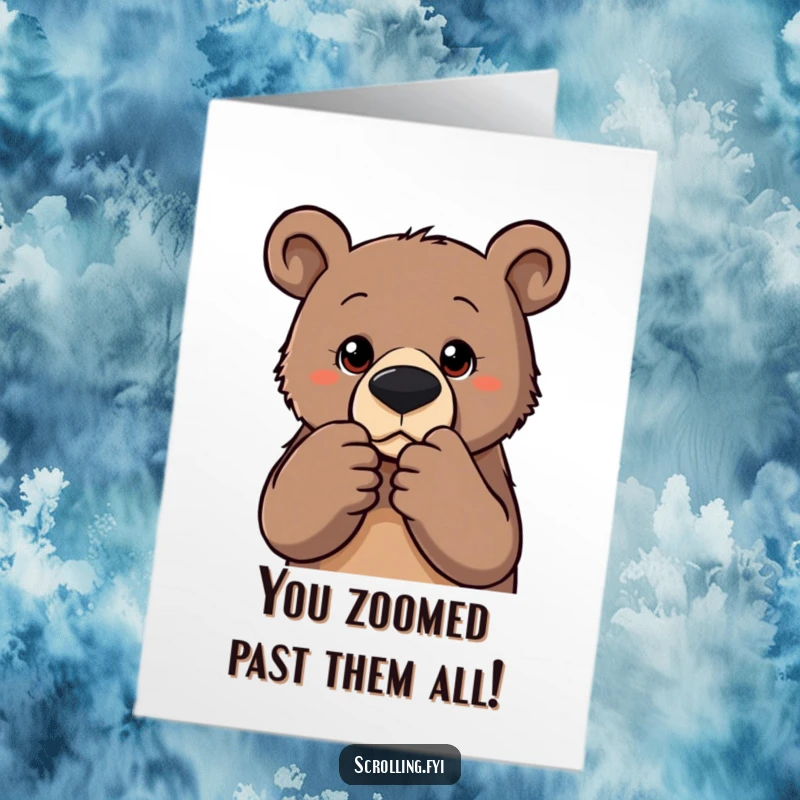 Funny Free Printable Congratulations Card: Determined bear intensely zooming in on a photo, celebrating your success.