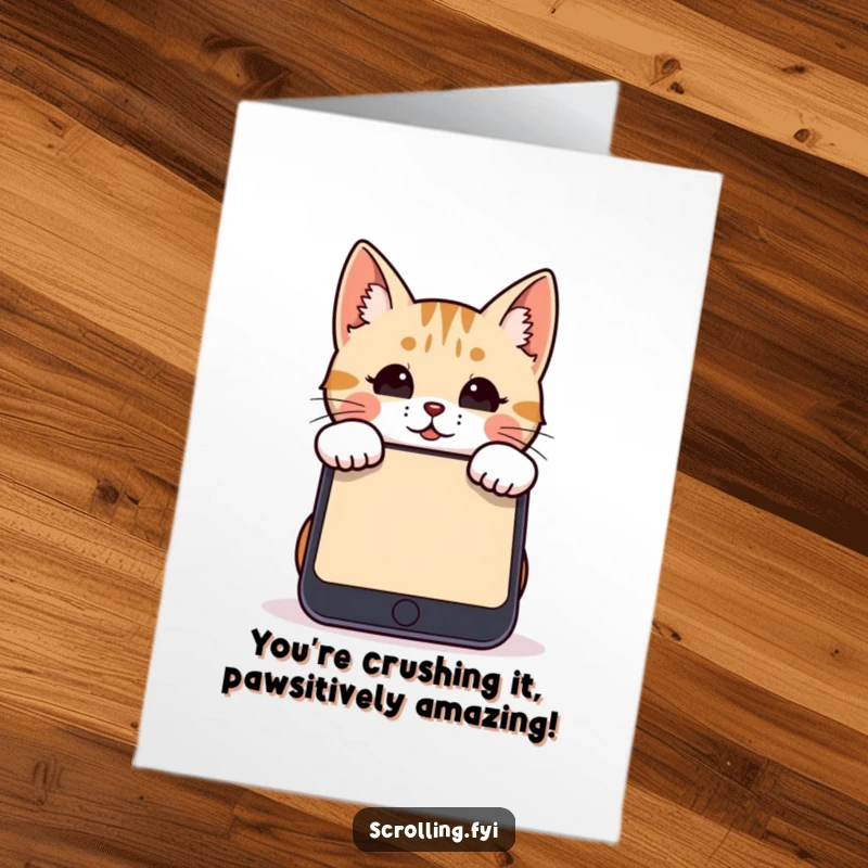 Funny Free Printable Cat Card: A cute cat peeking over a massive smartphone screen, celebrating success.
