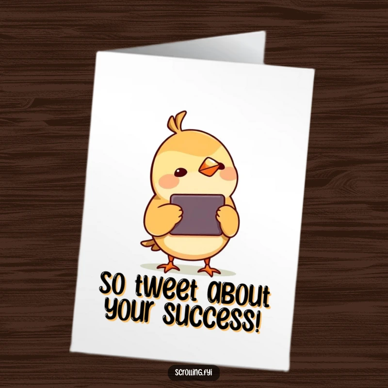 Free Printable Congrats Card: A small bird with head tilted, intently watching a rectangular screen or device.