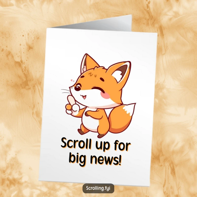 Funny Free Printable Congrats Card: A happy fox character with laser focus scrolling on a device, celebrating success.
