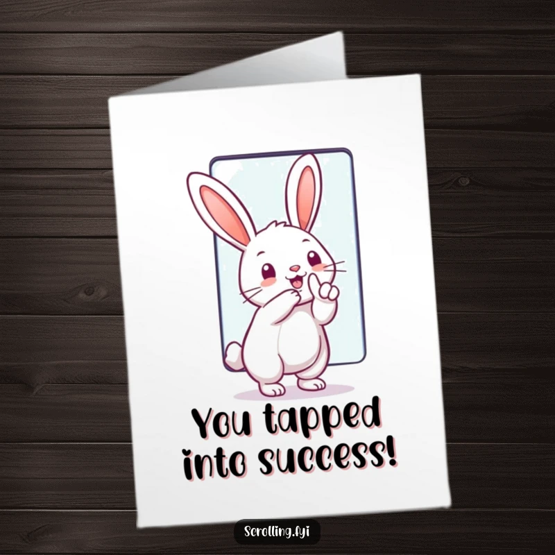 Funny Free Printable Congrats Card: A happy rabbit gleefully interacting with a giant touchscreen, celebrating success with digital enthusiasm.