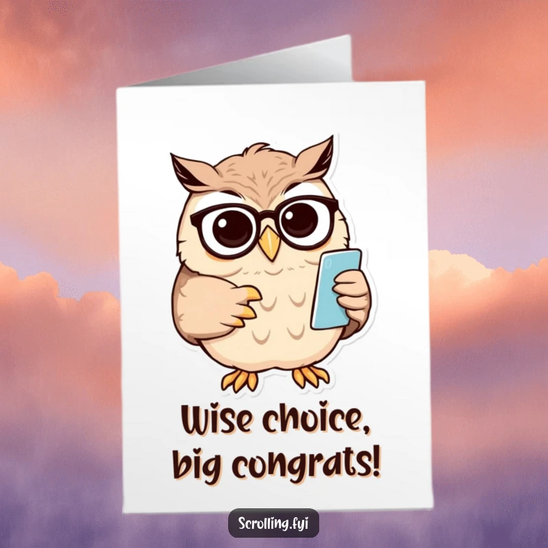 Funny Free Printable Congratulations Card: Wise owl adjusts spectacles, looking impressed by a phone notification.