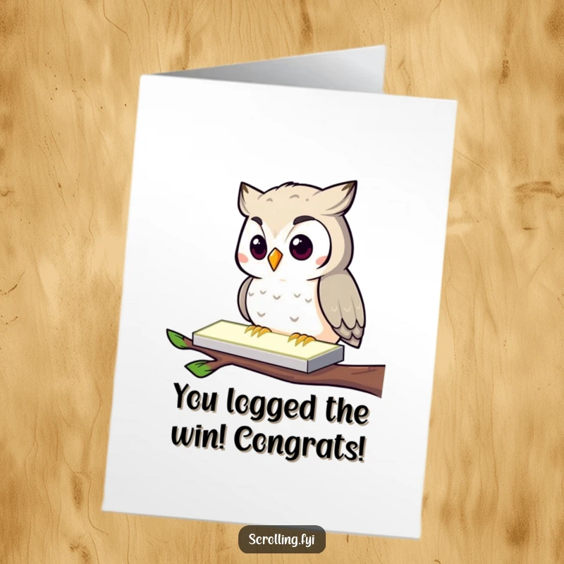 Free Printable Congratulations Card: A curious owl taps rapidly on a glowing rectangle, celebrating a big win with technological focus.