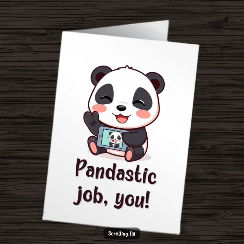 Funny Free Printable Congrats Card: A giggling panda shows a funny image on its phone, a humorous DIY congratulation.