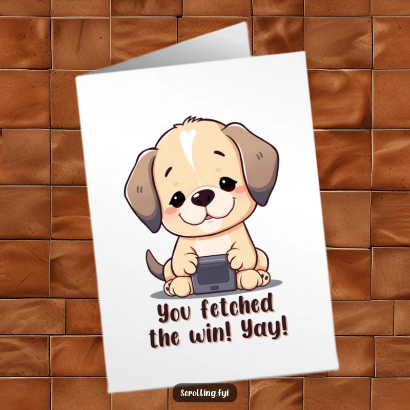 Free Printable Congratulations Card: A contented puppy stares intently at a small screen, celebrating a major achievement with focus.