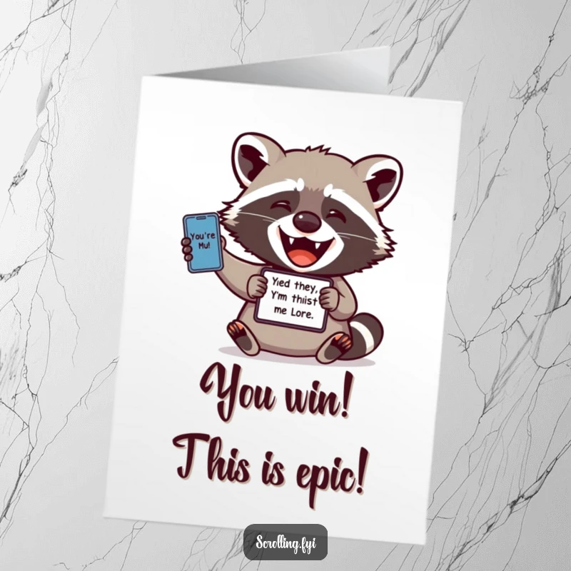 Funny Free Printable Congratulations Card: A happy raccoon enthusiastically shares a funny meme on its digital device.