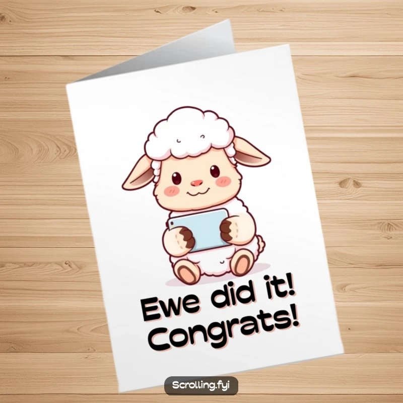 Funny Free Printable Congratulations Card: Serene sheep looks pleased while watching a phone screen horizontally.