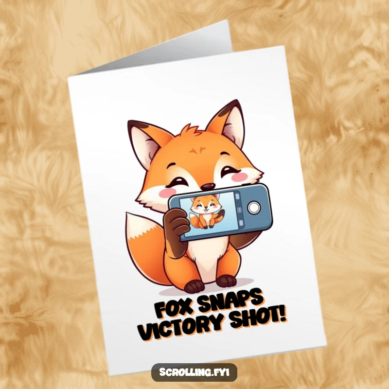 Funny Free Printable Congrats Card: Happy fox holding a phone, ready to capture a victorious moment, a downloadable art piece.