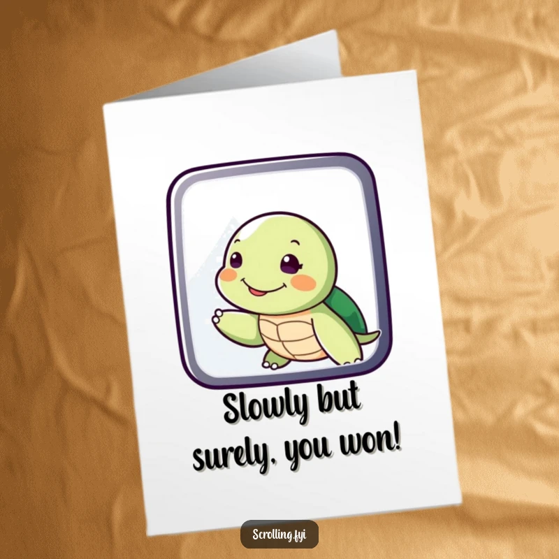 Free Printable Congrats Card: A smiling turtle character makes a slow swipe gesture on a touch screen.