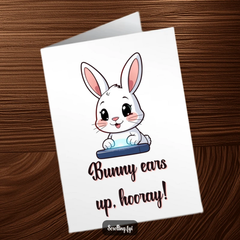 Funny Free Printable Congratulations Card: A happy bunny staring wide-eyed at a glowing screen, possibly reacting to exciting news.