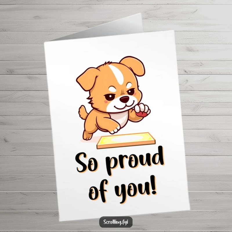 Funny Free Printable Congratulations Card: Dog Determined to Tap on a Glowing Rectangle, Celebrating Success, Downloadable Art.