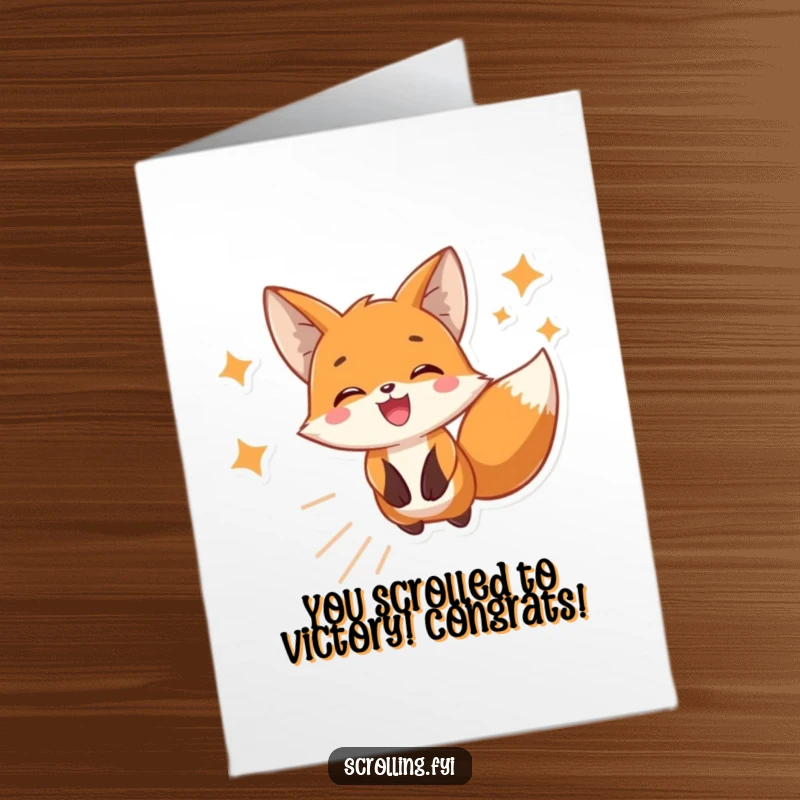 Funny Free Printable Congratulations Card: Excited fox rapidly scrolling on a device, celebrating your achievement.