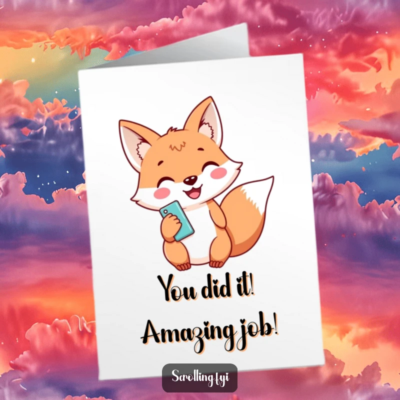 Funny Free Printable Congratulations Card: Cheerful Fox Holding a Phone, Sending Good Vibes, Celebrate Success, Downloadable Art.
