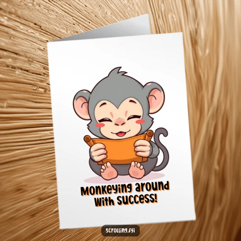 Funny Free Printable Congrats Card: A monkey vigorously scrolling with both hands, focused on the screen.