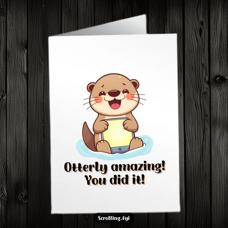 Funny Free Printable Otter Congratulations Card: Otter grinning while using a bright app, celebrating success with tech.