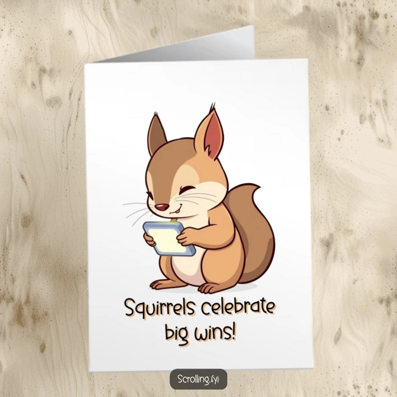 Funny Free Printable Congrats Card: Ecstatic squirrel engrossed in its phone screen, perfect for celebrating wins, a downloadable art piece.