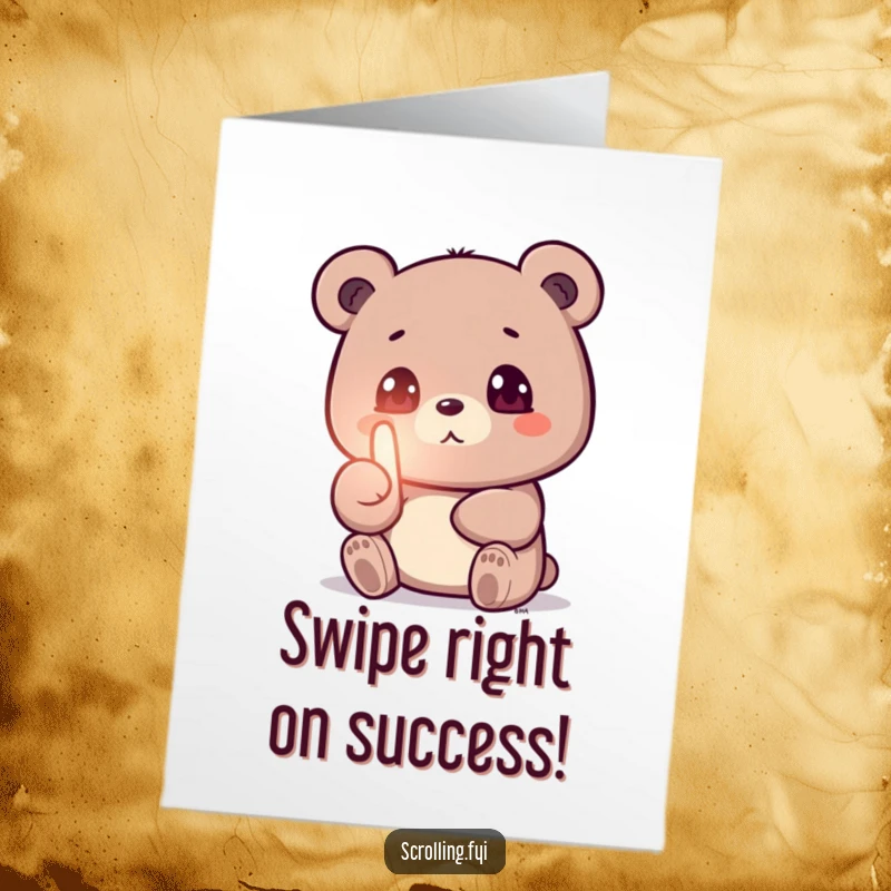 Funny Free Printable Congrats Card: A bear engrossed in its glowing phone screen, thumb mid-swipe, celebrating success.