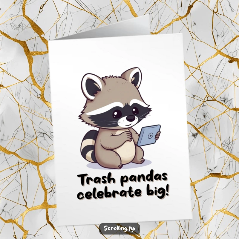 Funny Free Printable Raccoon Congratulations Card: Raccoon fascinated by a small device screen, celebrating achievements.