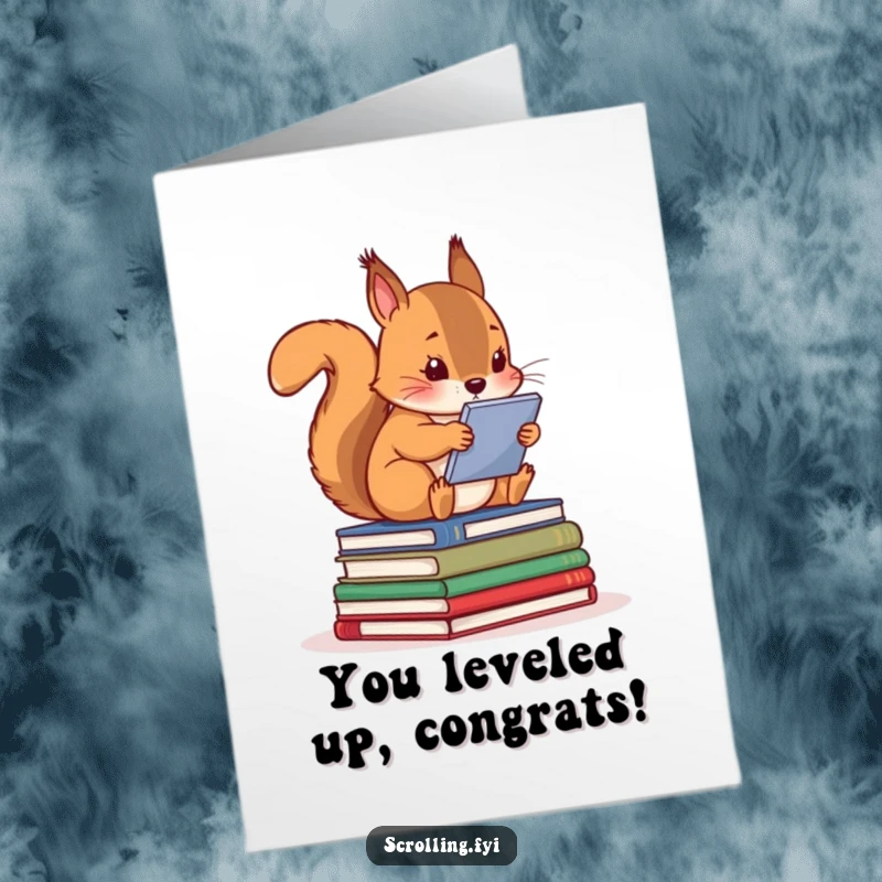Funny Free Printable Congrats Card: Squirrel glued to a screen on books, celebrating a tech-savvy success, downloadable greeting.